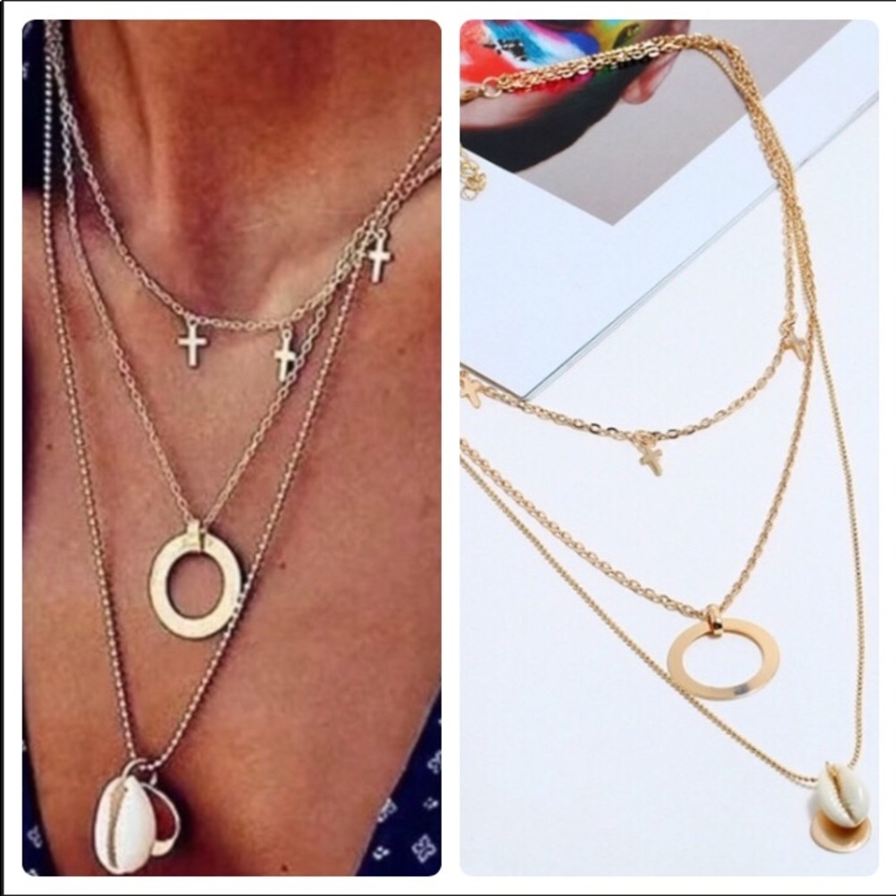 Gold Layered Cross Shell Circle Pendant Necklace - Picture 1 of 8